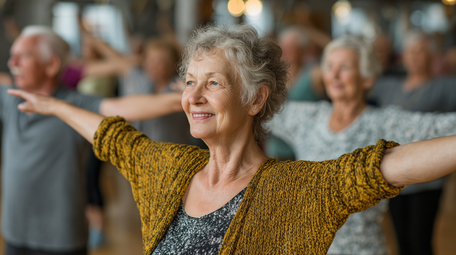 Многопоколенная семья выполняет упражнения на свежем воздухе